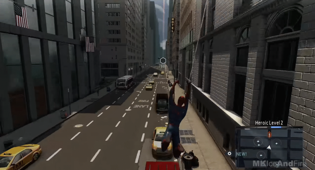 Spider-Man swinging through New York City in-game