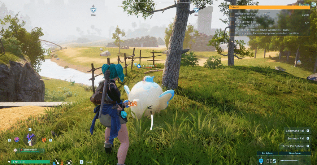 Palworld character crafting weapons in a survival environment