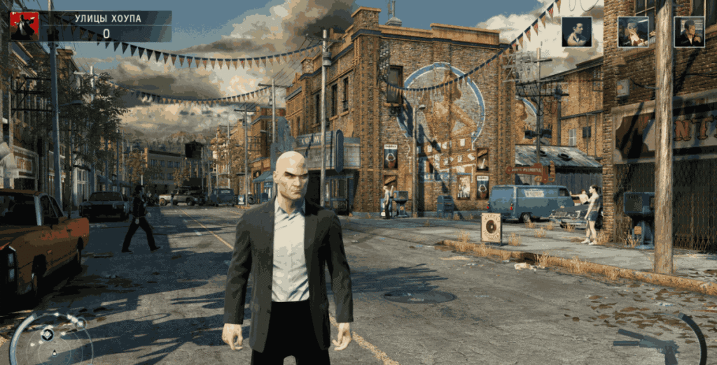 Agent 47 in Hitman Absolution aiming a silenced pistol