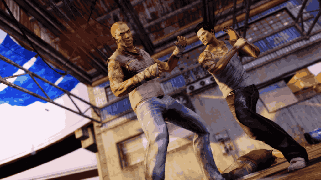 Wei Shen aiming pistol in Sleeping Dogs gunfight