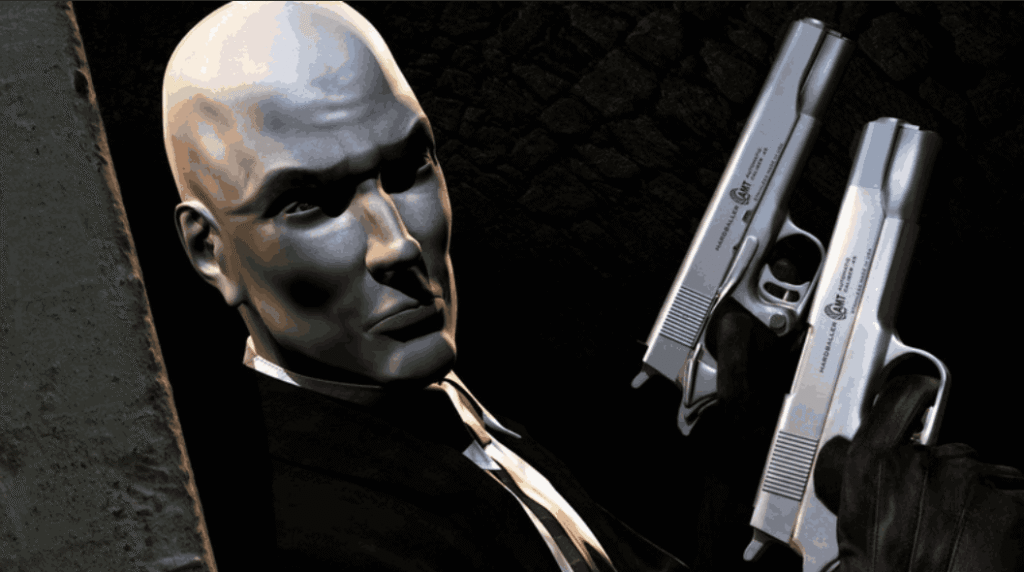 Agent 47 aiming with sniper rifle