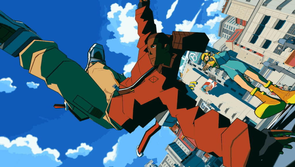 Bomb Rush Cyberfunk BMX trick in city district