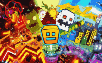 Geometry Dash gameplay screenshot showing the cube jumping over obstacles in a colorful level