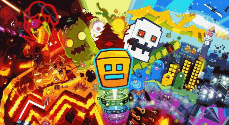 Geometry Dash gameplay screenshot showing the cube jumping over obstacles in a colorful level